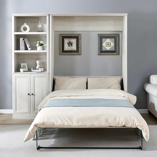 Full Size Murphy Bed with 2 Convertible Side Cabinet Storage Shelf &Charging Station, Foldable Platform Wall Bed Space Saving Bed Frame, Modern Hidden Bed for Bedroom, Brown