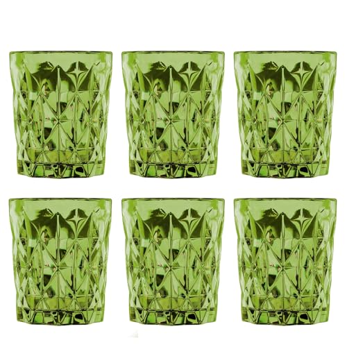 Vintage Embossed Whiskey and Water Glasses Set of 6-8.96 oz, Heavy Bottom Drinking Glasses for Scotch, Bourbon, or Cocktails, Colored Glass Tumblers, Dishwasher and Microwave safe (Pink)