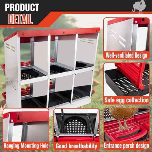 6 Hole Chicken Nesting Box - Heavy Duty Red Metal Roll Away Egg Laying Box for Hens with Perch & Ventilation - Wall Mount Poultry Coop Nest Box with Removable Tray