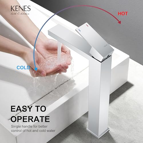 KENES Brushed Nickel Vessel Sink Facuet Single Handle Tall Bathroom Sink Faucet Vanity Bathroom Faucet Basin Mixer Tap with Water Supply Hose and Pop Up Sink Drain, LJ-9031A