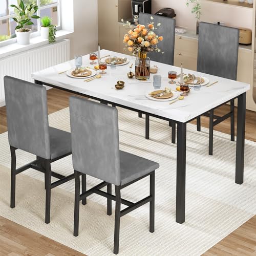 Hooseng Dining Table Set for 4- Space Saving Kitchen Table and Chairs for 4, Modern Style Faux Marble Tabletop & 4 PU Leather Chairs, Perfect for Dining Room,Breakfast Corner Small Spaces,Brown&White