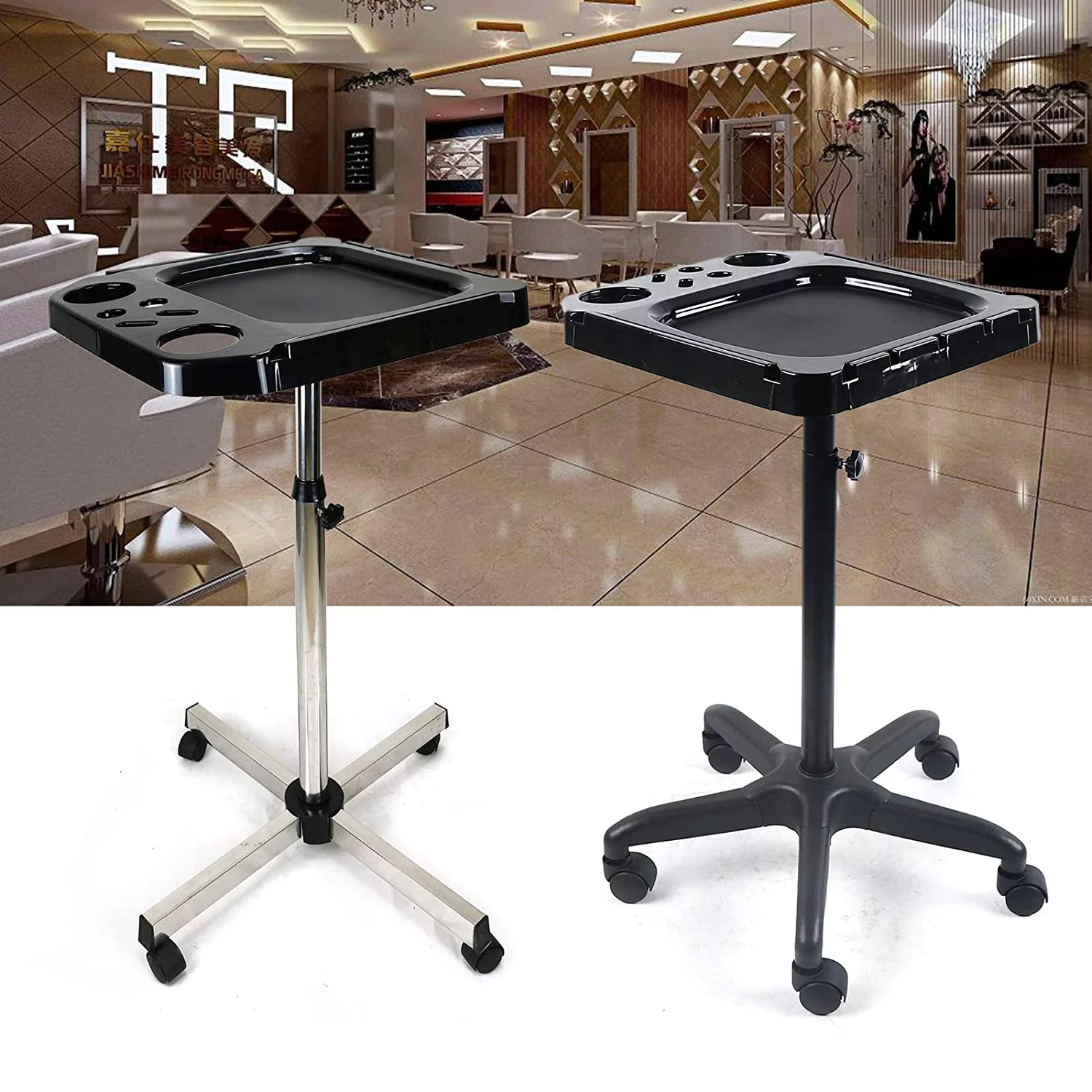 OUKANING Salons Beauty Movable Cart Black Storage Aluminium Salon Tray Adjustable Height