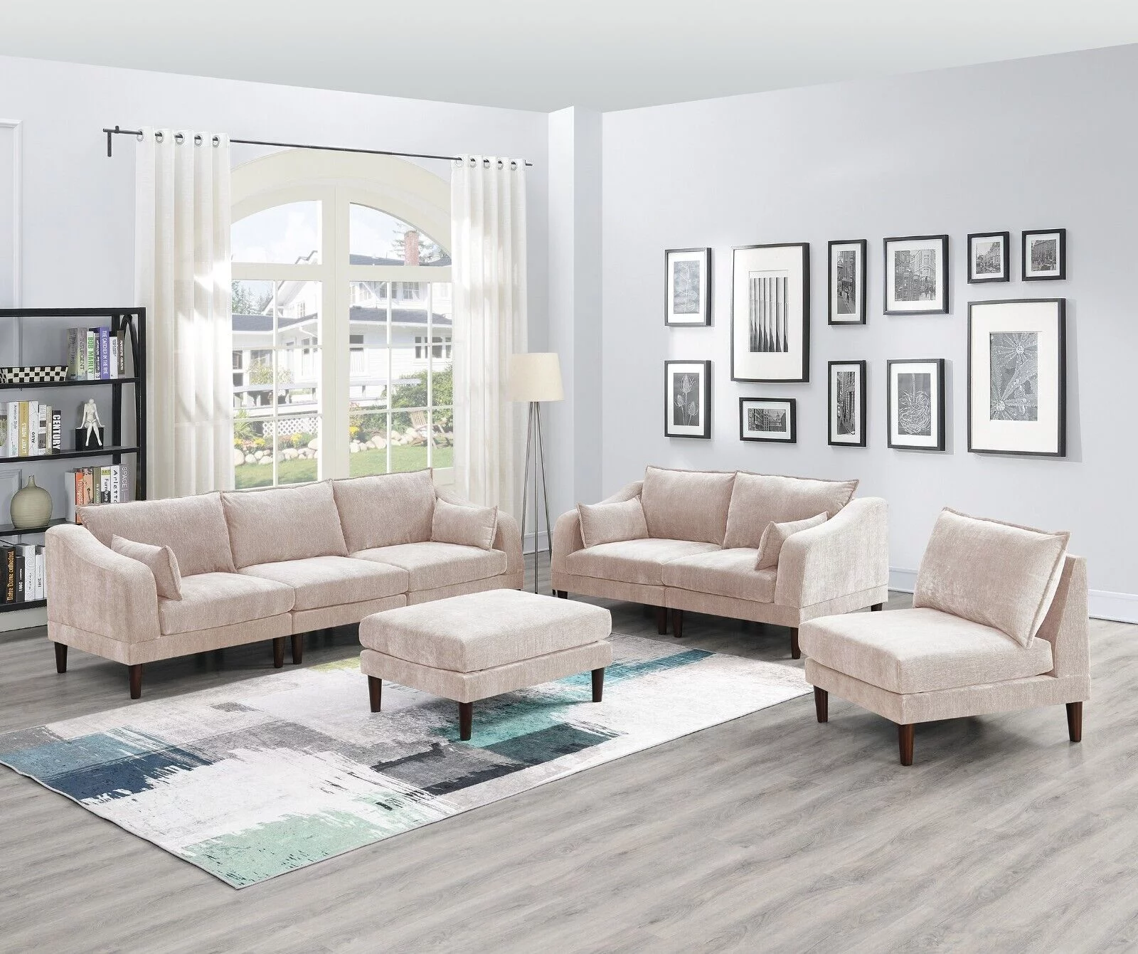 Living Room Classic 7pc Modular Sofa set 4x Corner Wedge 2x Armless Chair 2x Ottoman Blush Morgan Fabric Cushion Couch