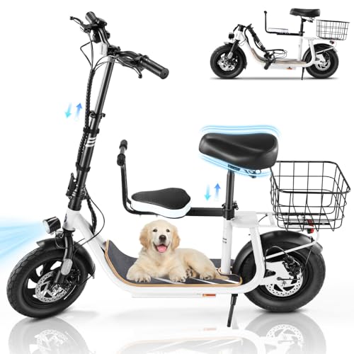 Caroma Peak 500W/800W/1200W Electric Scooter with Seat, 30 Miles Max Range Electric Scooter Adults&Teens, 48V Large Battery, 20MPH Top Speed Foldable Ebike, Adjustable E-Bike with Basket&Kid Seat