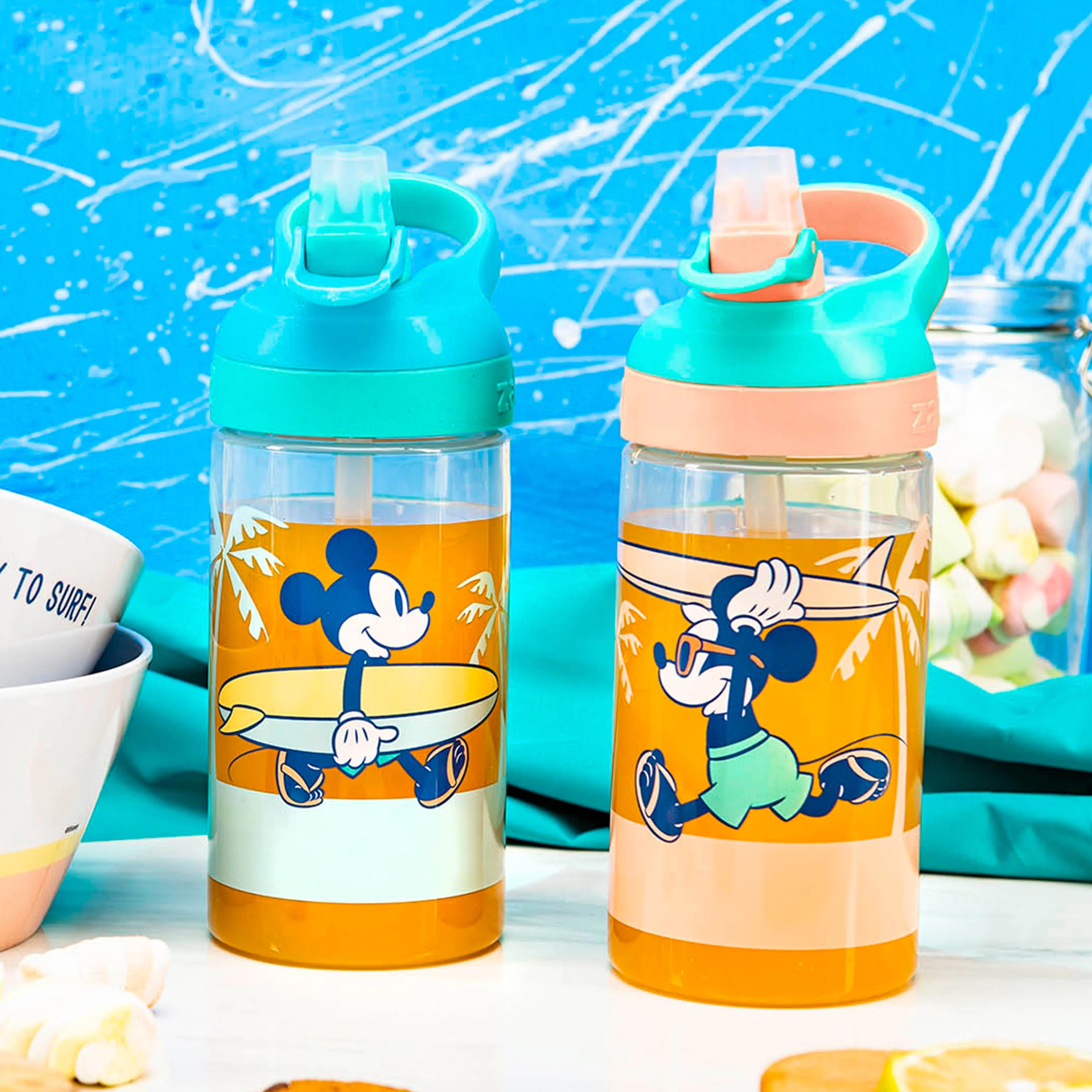 Zak Designs 2pc 16 oz Disney Kids Water Bottle Plastic with Flip Straw Spout Cover and Carry Handle, Disney Mickey Mouse Street Beach