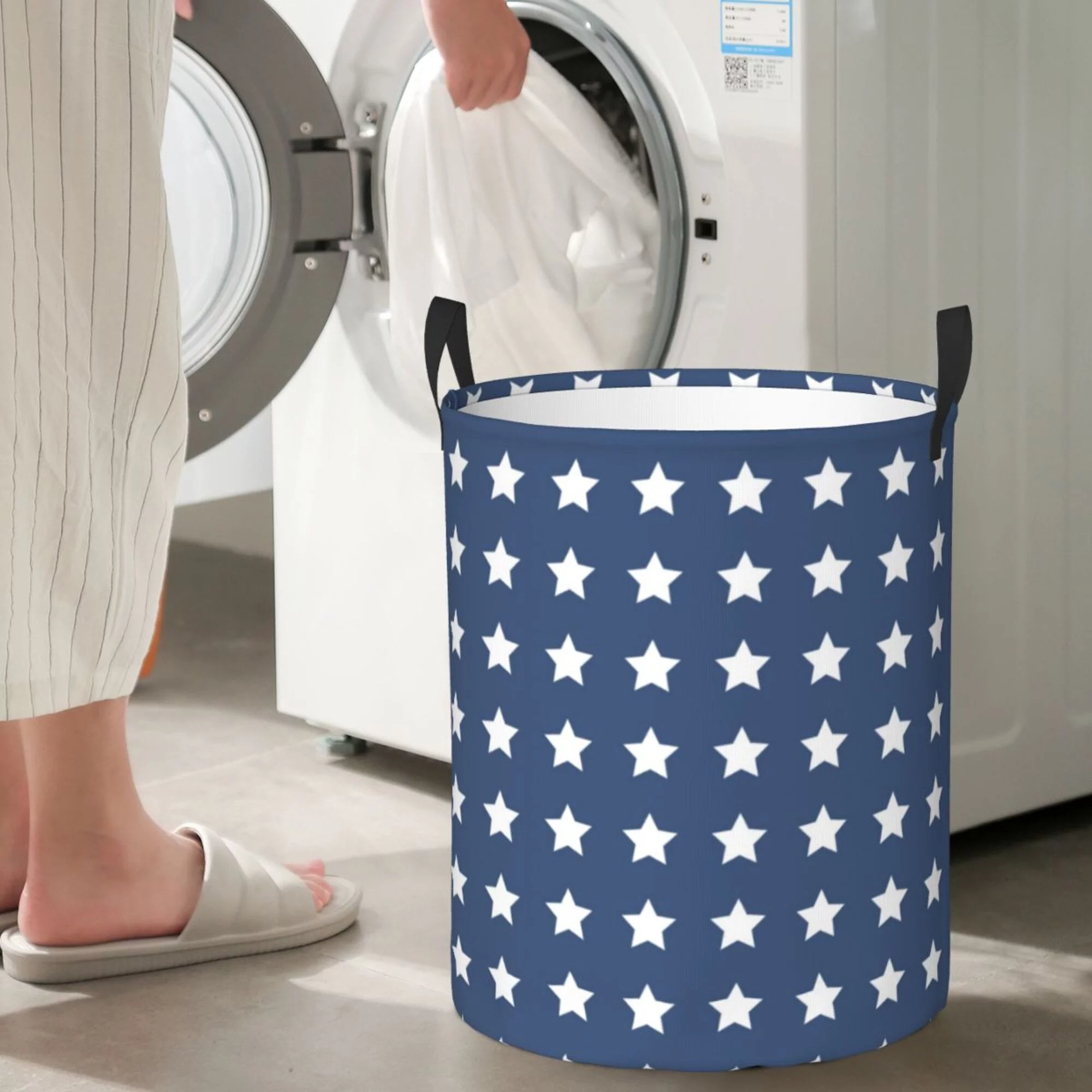 DouZhe Waterproof Collapsible Large Laundry Baskets, Patriotic American Flag Stars Blue White Prints Circular Hamper with Handles