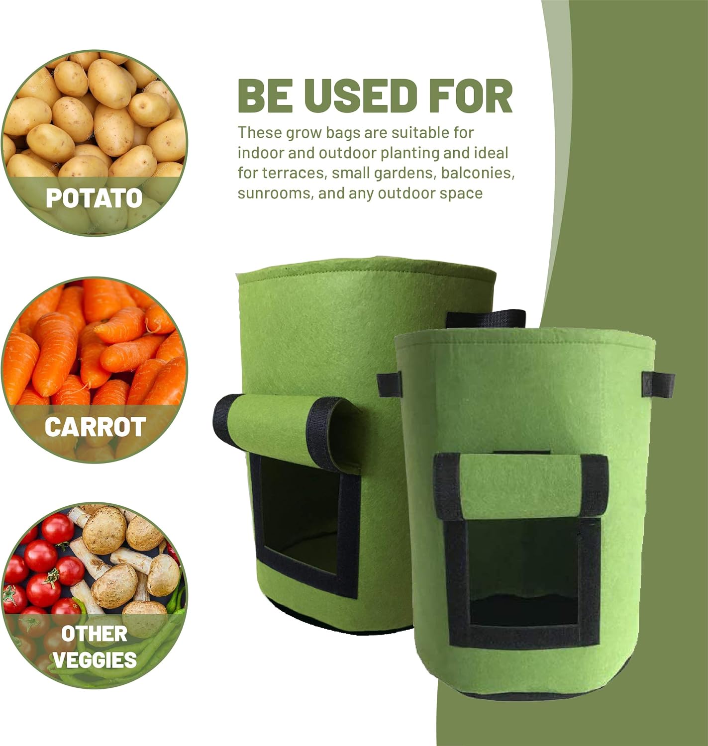 Grow Bags Pack of 3-10 Gallon Heavy Duty Non Woven Fabric Planter Bags. Planting Garden Pots with Sturdy Handles & Large Harvest Window - Growing Potato, Carrot, Onion, Radish, Taro, Peanuts