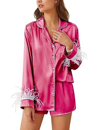 Ekouaer Women's Bridal Feather Trim Silk Satin Pajama Set Long Sleeve Lounge Sets Sleepwear (Removable Feather)