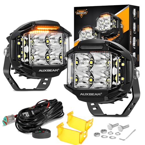 Auxbeam V-MAX Series 72W LED Pod Driving Lights, 4x2.5 Inch Rectangle Side Shooter Offroad Cube Spotlights with Amber DRL, 270° Combo Beam 6 Modes White/Amber/Yellow Auxiliary Lights with Covers