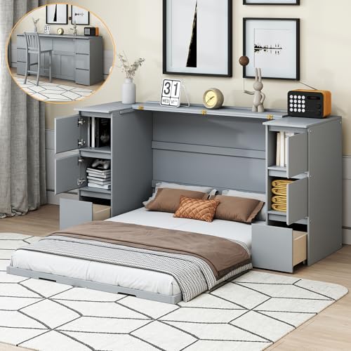 Twin Size Murphy Beds with Charging Station and Storage Drawers, Wood Cabinet Bed Frame, Wall Bed with Outlet & USB Ports for Home Office Studio, White