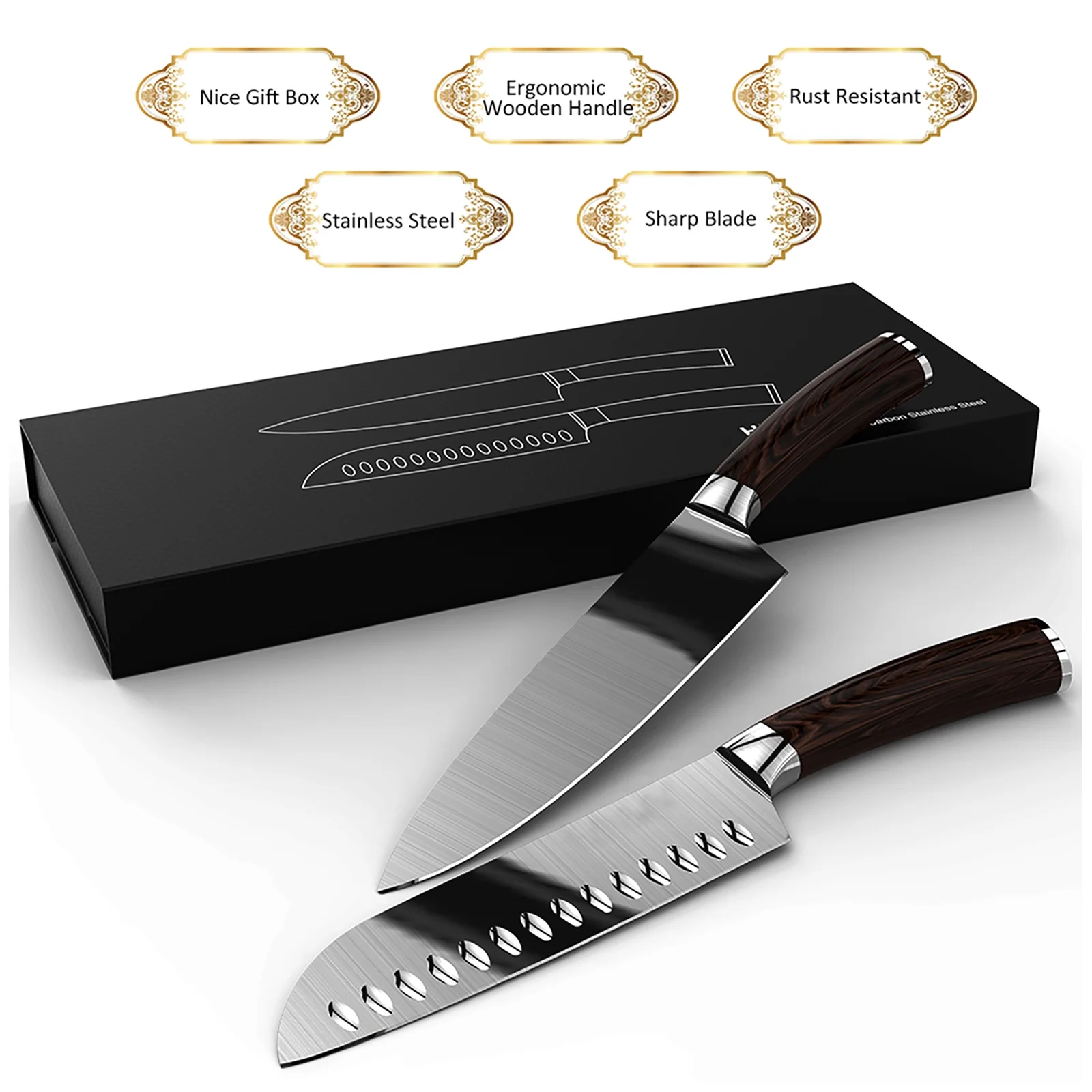 Homgeek Kitchen Knife Set, Professional German High Carbon Kitchen Knives, 2 Piece Stainless Steel Sharp Blades with Gift Box, Ergonomic Handle Include Chef Knife & Santoku Knife