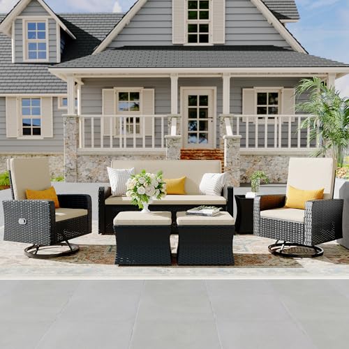 6 Piece Patio Furniture Set, Wicker Patio Conversation Sets with Swivel & Recline Chairs, Outdoor Sectional Sofa Sets with 2 Storage Ottoman, Outdoor Patio Recline Set for Backyard
