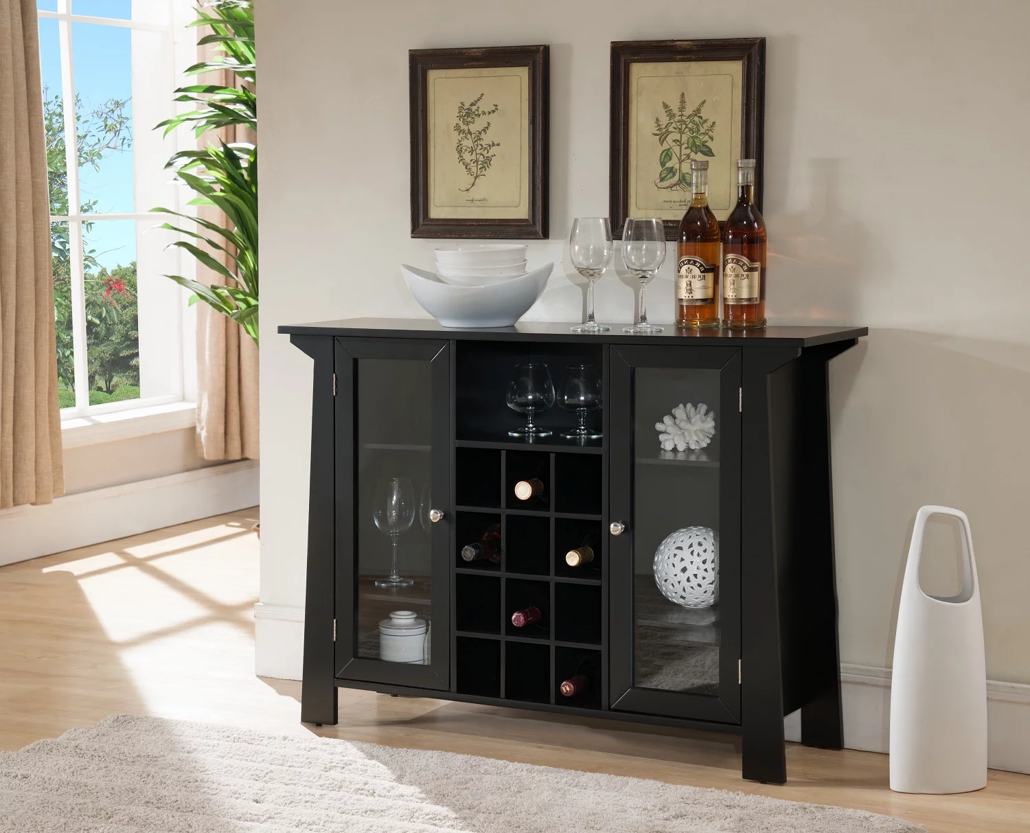 Jesse Sideboard Buffet Bar Cabinet with Wine Rack, Black Wood & Glass, Contemporary