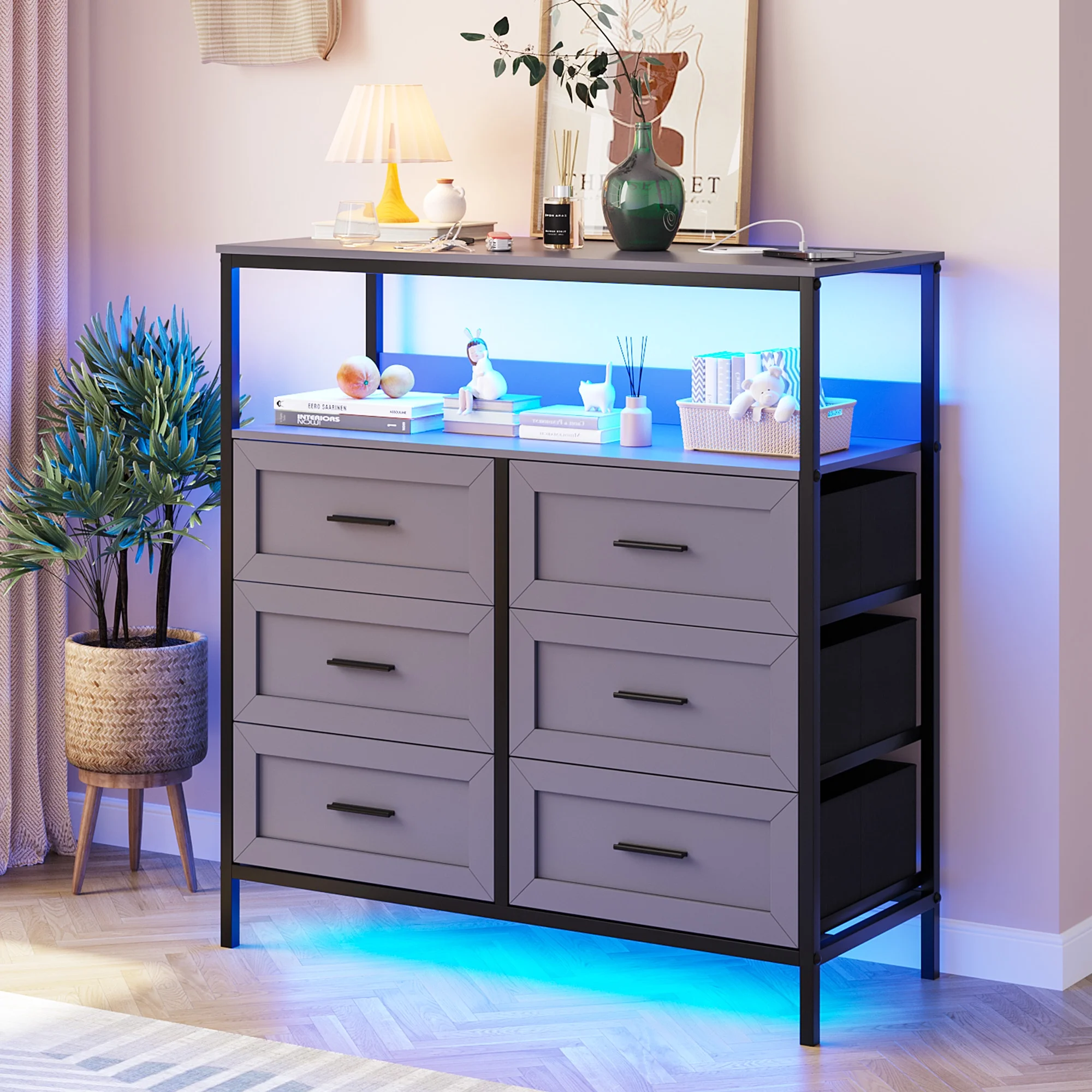 HNEBC Dresser for Bedroom with Charging Station and Human Sensor, 6 Large Drawers Dresser with LED Lights, Wide Chest of Drawers with Open Shelf, Dresser for Living Room, Closet, Dark Grey