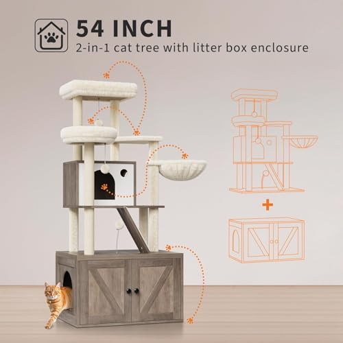 Cat Tree 59 Inch, 2-in-1 Cat Tower Multi-Level Durable Cat Scratching Sisal Post, Pet Play House Cat Condo, Multipurpose Litter Box Enclosure, Removable Washable Cushion for Cats, Grey White