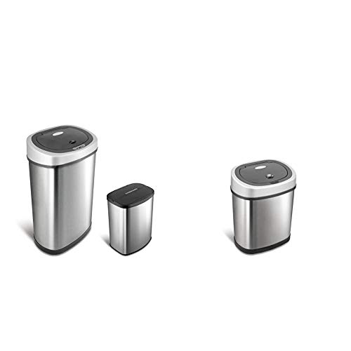 NINESTARS CB-DZT-50-9/8-1 Automatic Touchless Infrared Motion Sensor Trash Can Combo Set, 13 Gal 50L & 2 Gal 8L, Stainless Steel Base (Oval & Rectangular, Silver/Black Lid)