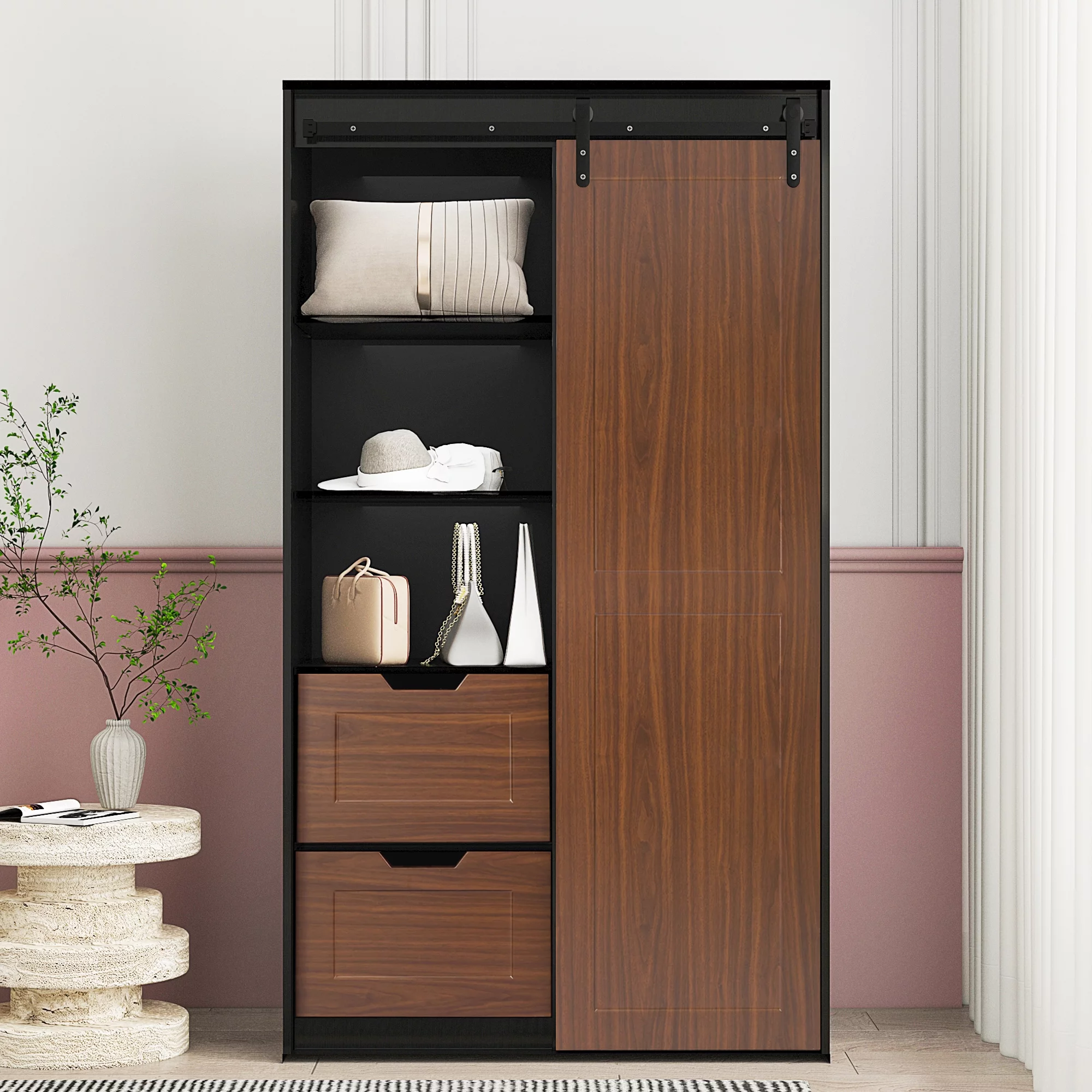71-inch High wardrobe and cabinet , Clothes Locker，classic sliding barn door armoire, lockers, for bedrooms, cloakrooms, living rooms, color: black +brown