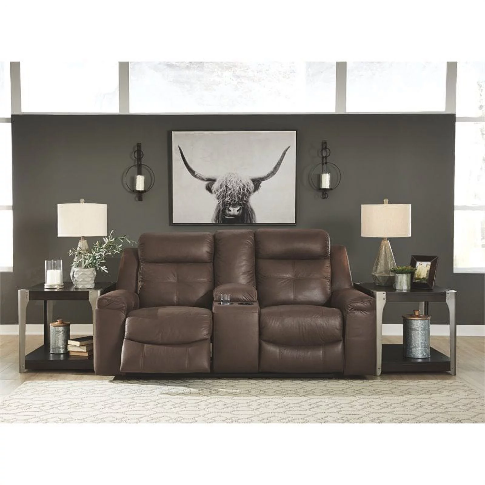 Bowery Hill Reclining Loveseat with Console in Coffee