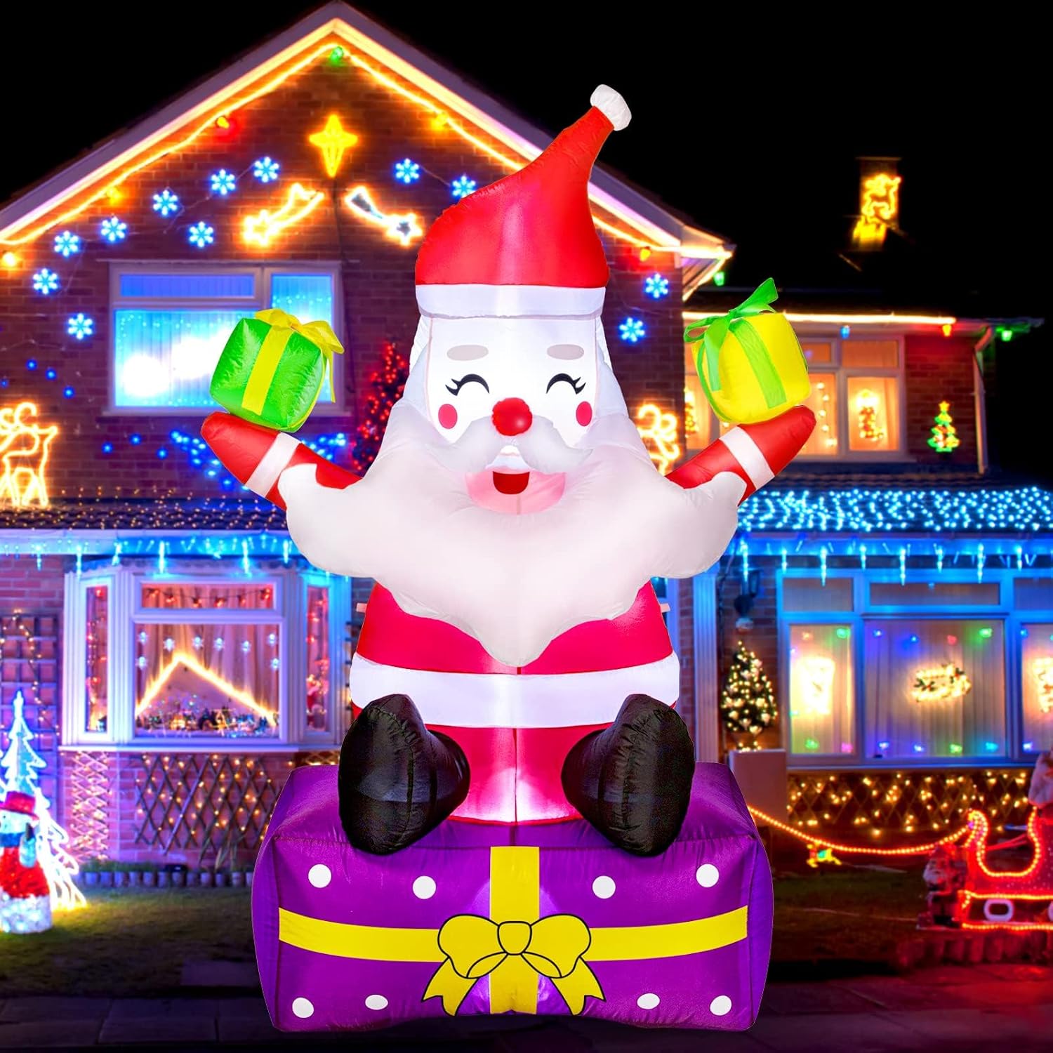 Christmas Inflatables - 6Ft Christmas Outdoor Decorations-Inflatable Santa Claus with Gift Boxes,Blow Up Yard Decor-Built-in LED Lights with Tethers-Stakes for The Yard, Lawn, Garden