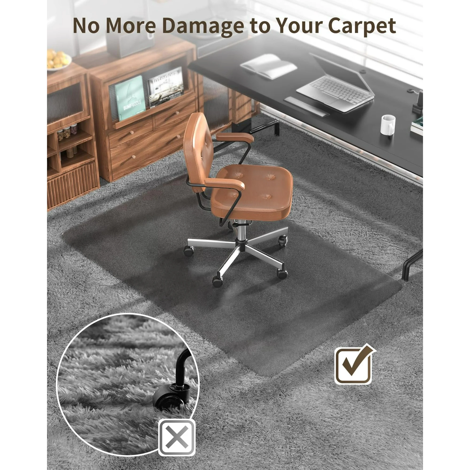 Frosted Chair Mat for High Pile Carpet & Hardwood Floor, PC Material, Heavy Duty, Prevent Rolling Damage, Desk Rug for Office & Home, Grey