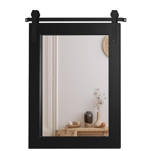 Black Farmhouse Mirror Barn Door Style Rectangle Solid Wood Frame Wall Mirror Rustic Decorative Mirror for Bathroom, Entryway, Living Room, Wall Decor 28