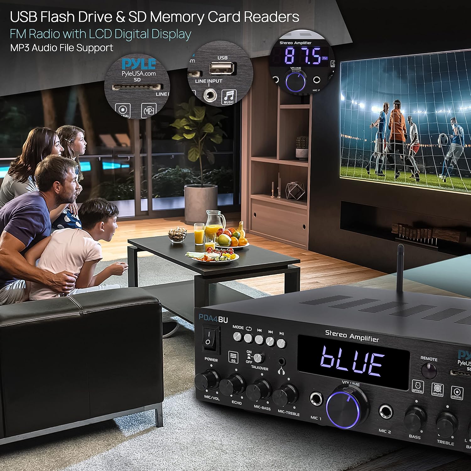 Wireless Bluetooth Home Stereo Amplifier-Multi-Channel 200 Watt Power Amplifier Home Audio Receiver System W/Optical/Phono/Coaxial, FM Radio, USB/SD, AUX, RCA, Mic in-Antenna, Remote-Pyle PDA4BU