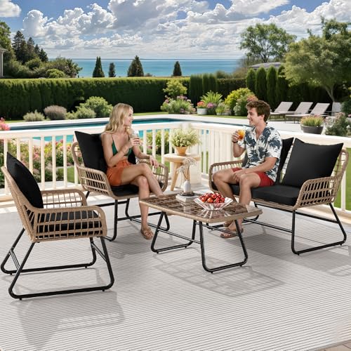 YITAHOME Outdoor Patio Conversation Set 4 Pieces, Wicker Furniture with Soft Cushion & Coffee Table, Rattan Bistro Set Patio Set Chairs with Side Table for Backyard, Balcony, Deck, Black
