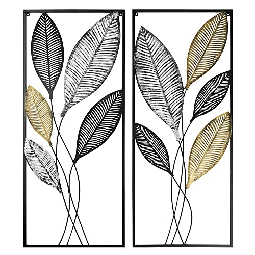Metal Wall Decor Set of 2, Leaf Art Wall Hanging Home Decor with Frame, Tree of Life Accent Home Decor, Metal Wall Decoration Sculptures for Living Room, Office, Home, Hotel, Indoor, 14