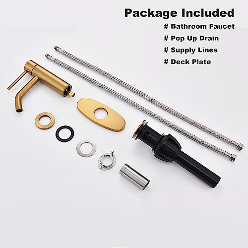 Brushed Gold Vessel Sink Faucet with Pop Up Drain and Supply Lines, Stainless Steel Gold Vanity Faucet Single Hole, JXMMP Single Handle Bathroom Faucet Gold, JXM1001BG