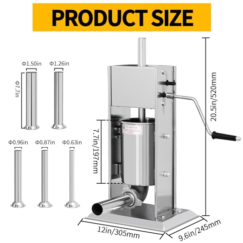 Manual Sausage Stuffer 7L/14LB, Vertical Sausage Maker, Food Grade Stainless Steel Meat Filling Kitchen Machine with 5 Stuffing Tubes for Commercial, Home and Outdoor