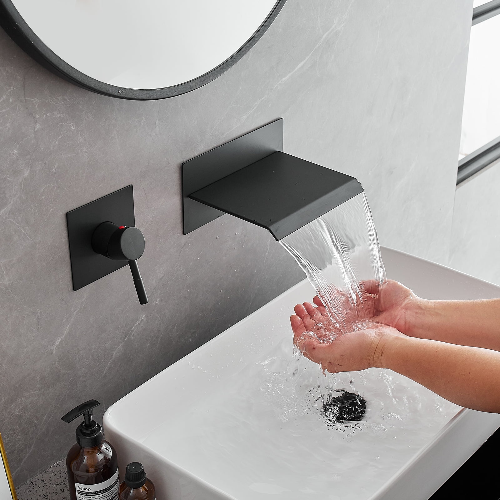 Single Handle Wall Mount Spout Waterfall Bathroom Faucet in Matte Black