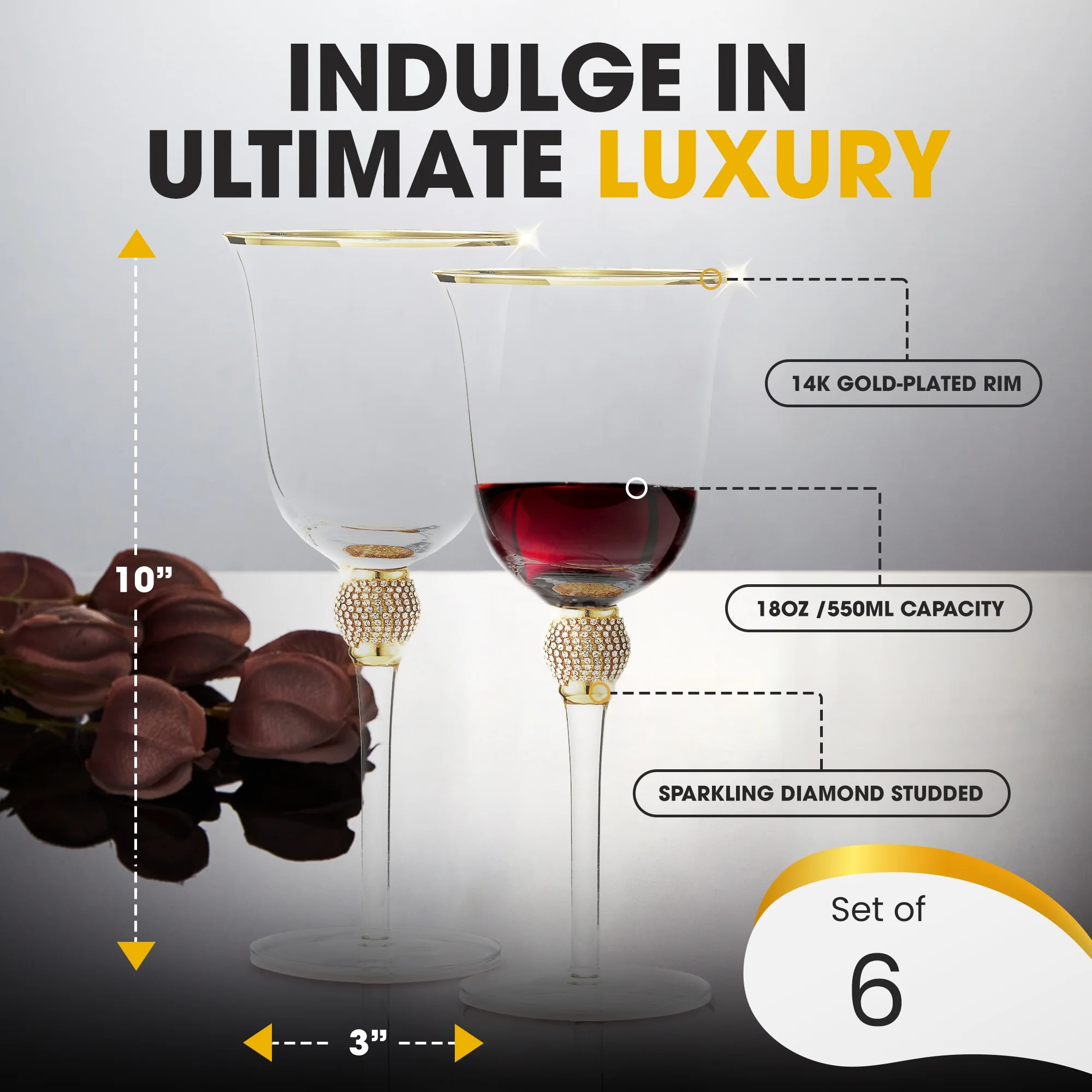 Berkware Set of 6 Gold tone Wine Glasses - Luxurious Rose and White Wine Glass with Dazzling Rhinestone Design and Gold tone Rim