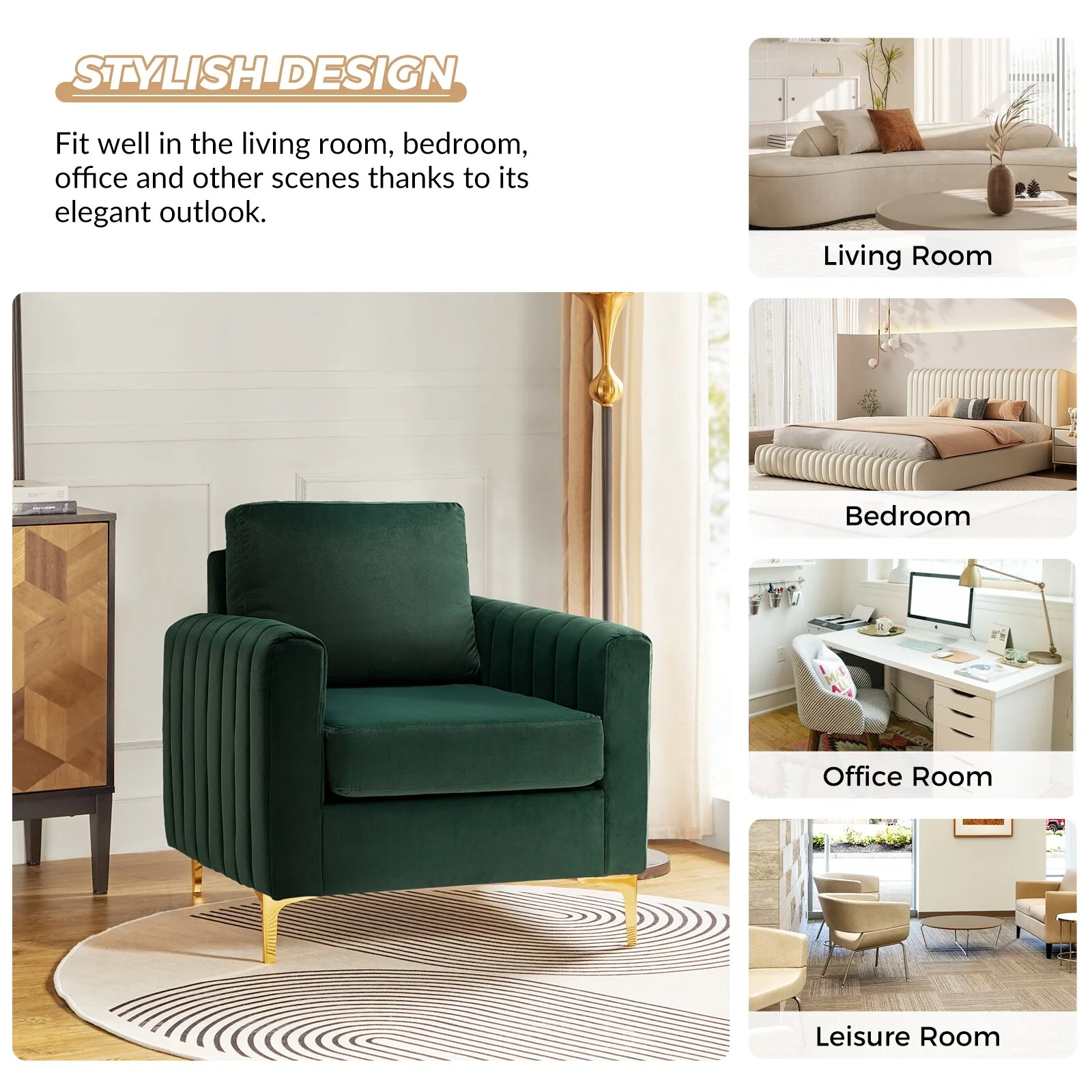 HULALA HOME Ganymedes Modern Velvet  Accent Arm Chair with Golden Legs by  GREEN