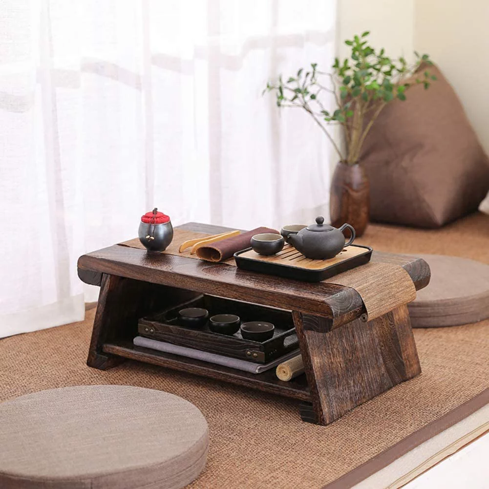 Japanese Antique Tea Table Folding Legs Asian Floor Low Tea Table Wood (Small: 60 x 35 x 24cmcm, ONE)