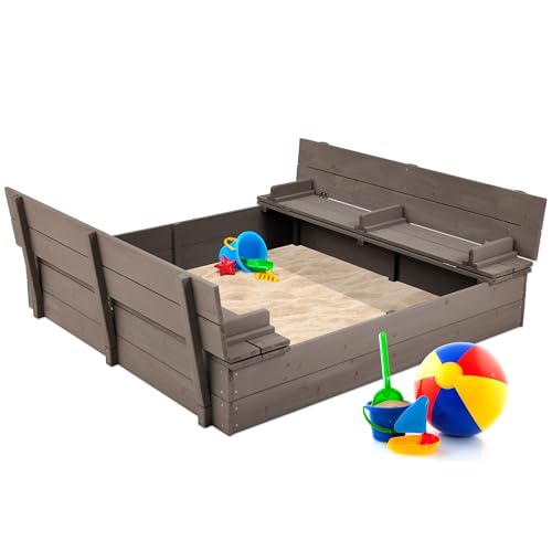Best Choice Products Kids' Outdoor Wooden Sandbox Large, Cedar Wood with Foldable Bench Seats and Sand Protection, Bottom Liner Included - Walnut