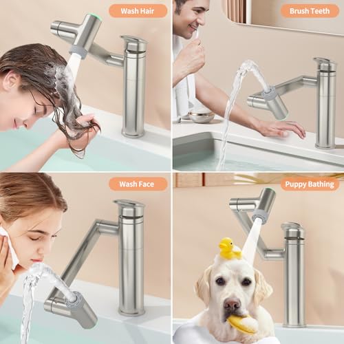 SINGSUO 1080°Rotatable Bathroom Vanity Faucet 1 Hole, Height Adjustable Single Handle Sink Faucet Bathroom with 2 Water Outlet Modes, Bar Sink Tap Single Hole with Temperature Display (Black)