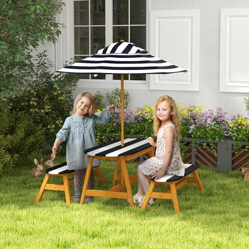 Outsunny Kids Picnic Table Set, Wooden Kids Table and Benches Set with Removable Umbrella, Kids Garden Furniture Set for 2-4 Kids Ages 3-8 Years Old, for Patio, Backyard, Outdoor Indoor Use