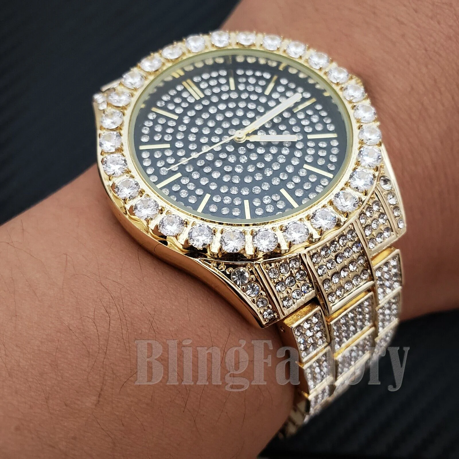 MEN ICED HIP HOP GOLD PT FASHION WATCH & ACE of SPADES BLING PENDANT COMBO SET