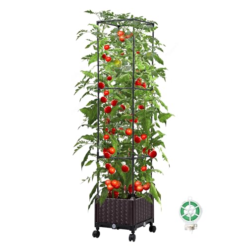 Raised Garden Bed Planter Box with Trellis, 63”Large Tomato Cage for Climbing Vegetables Plants, Tomato Planter with Wheels & Twist Ties, Garden Metal Trellis for Indoor Outdoor Flower Herb