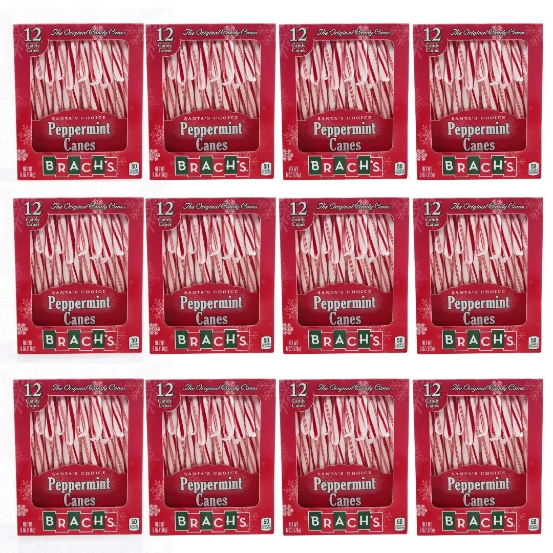 BCL Brachs Peppermint Candy Canes Pack of 12, 6oz./Box (144 Canes Total) Santa's Choice Peppermint Candy Bundled with a Box of Swiss Miss Marshmallow Hot Cocoa Mix & CUSTOM Storage Carrier