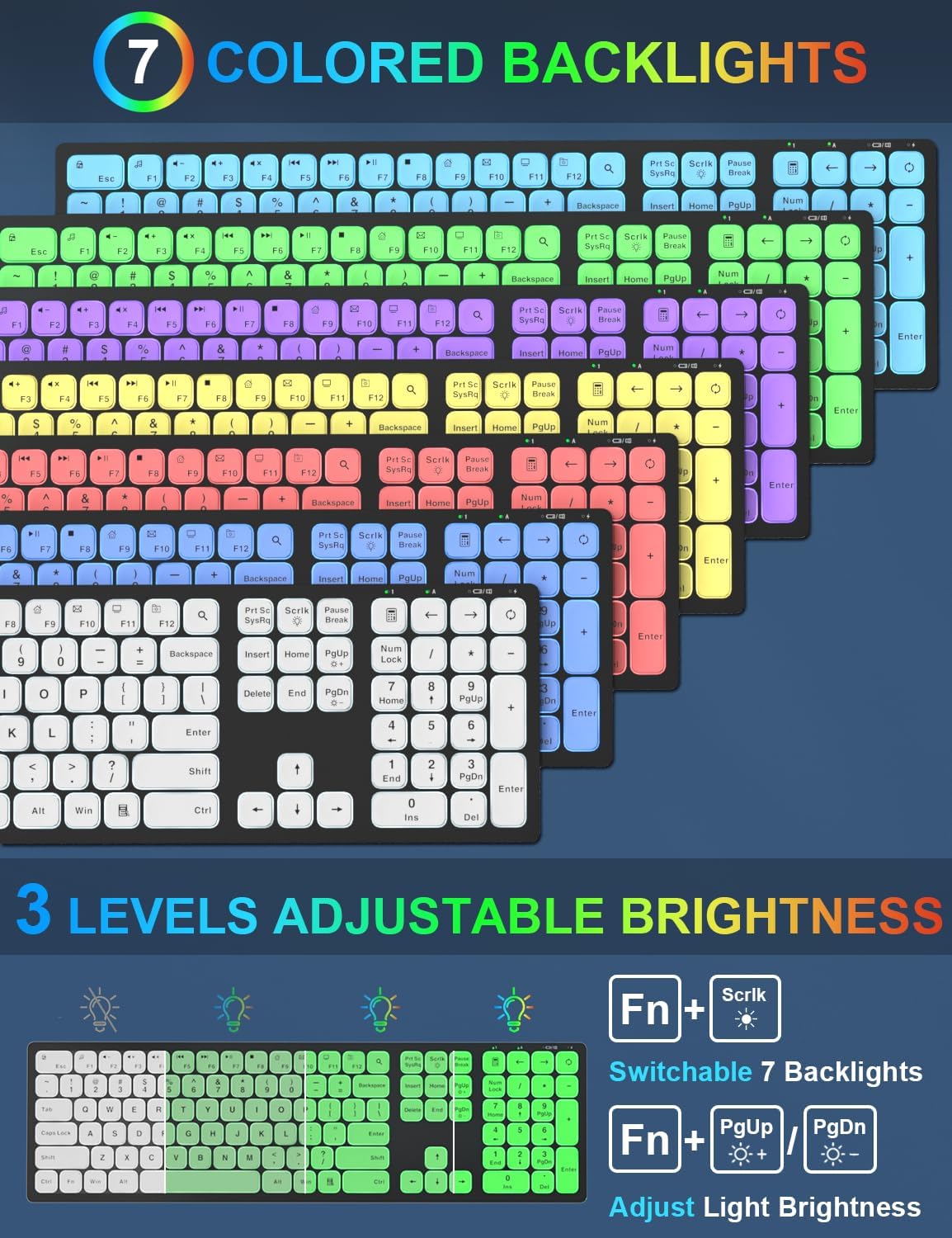 Wireless Keyboard and Mouse Combo with 7 Colored Backlits, Sleep Mode, Quiet Light Up Keys, Slim Rechargeable Keyboard with RGB Mouse, Lighted Cordless Combo for Window, Mac, PC, Laptop-QUASIO
