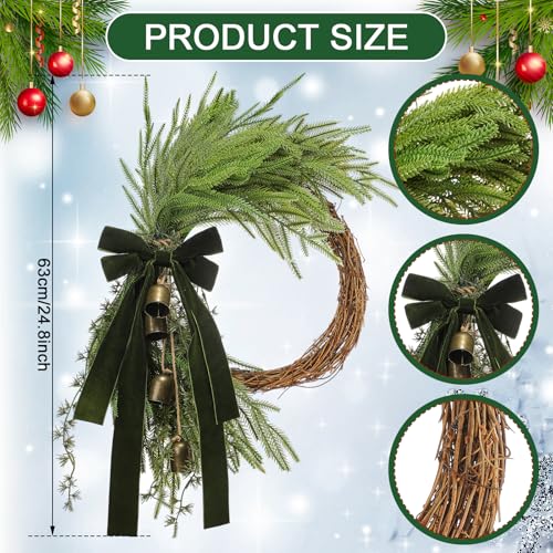 Dingion Large Vintage Cow Bell Christmas Norfolk Wreath 24.8in Vintage Grapevine Wreath for Farmhouse Christmas Decor for Kitchen Cabinet Window Fireplace Front Door Hanging Indoor Outdoor
