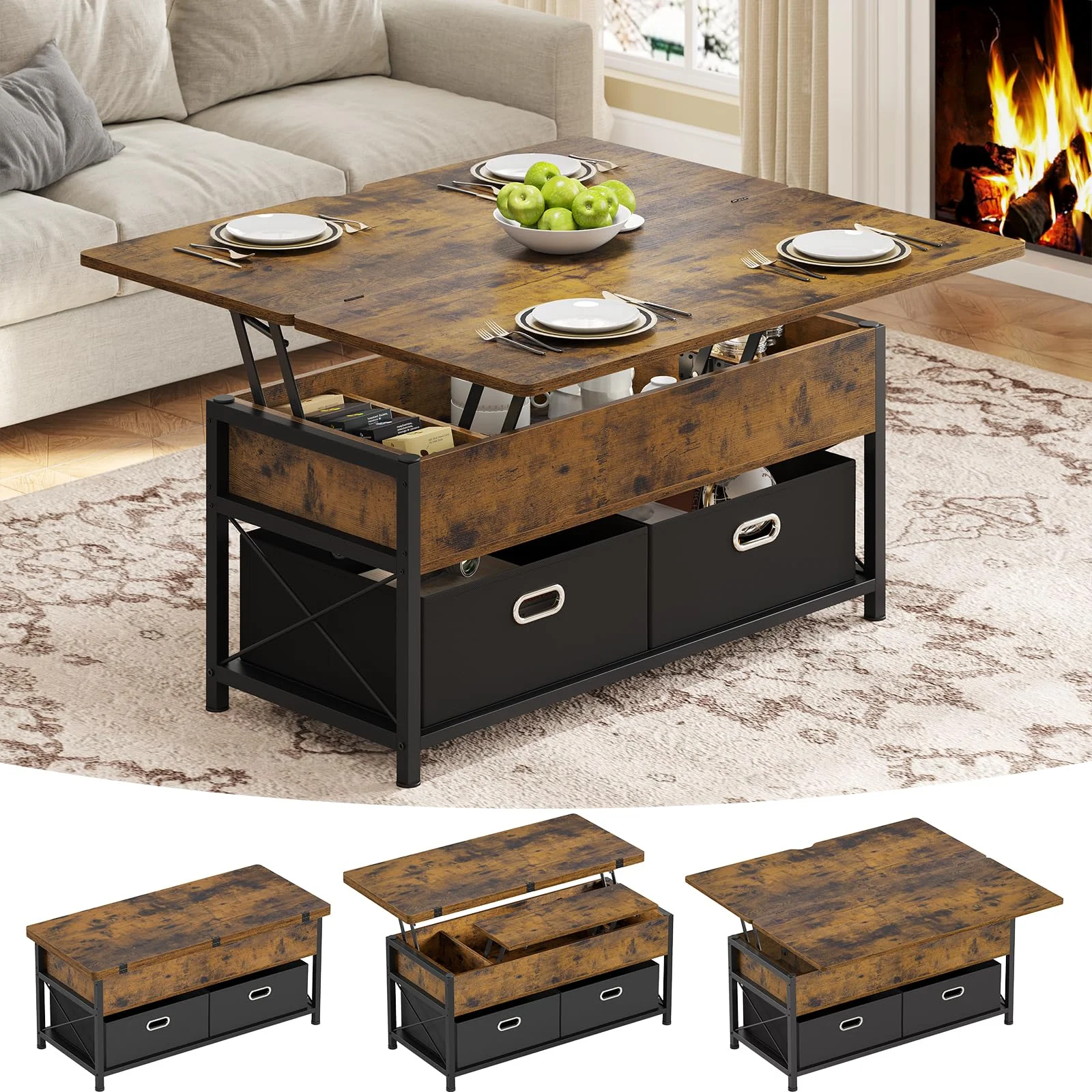 Lift Top Coffee Table with Storage Drawers, 4 in 1 Square Lift Center Tables with Hidden Compartment, Rustic Brown