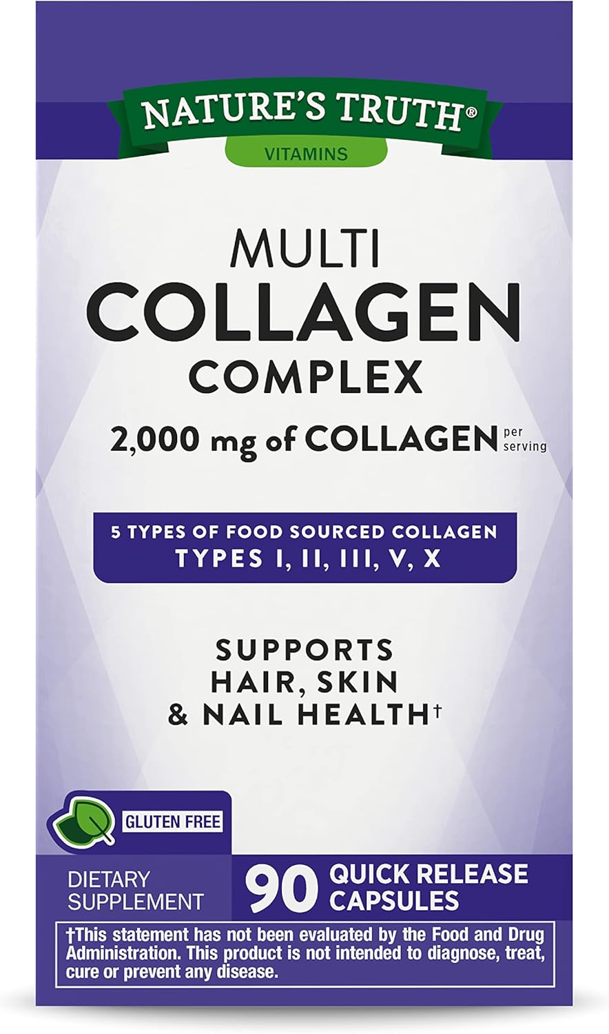 Nature's Truth Multi Collagen Protein Capsules | 90 Count | Type I, II, III, V, X | Collagen Peptide Pills | Gluten Free Supplement