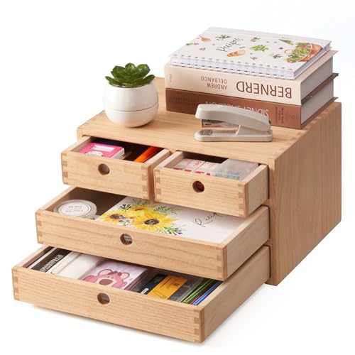 Kirigen Natural Wooden Desktop Organizer - Office Supplies Filing Tidy Storage Shelf - Storage Cabinet/Jewelry Organizer with 3 Drawers (NA, 2-Layer &3 Drawers)