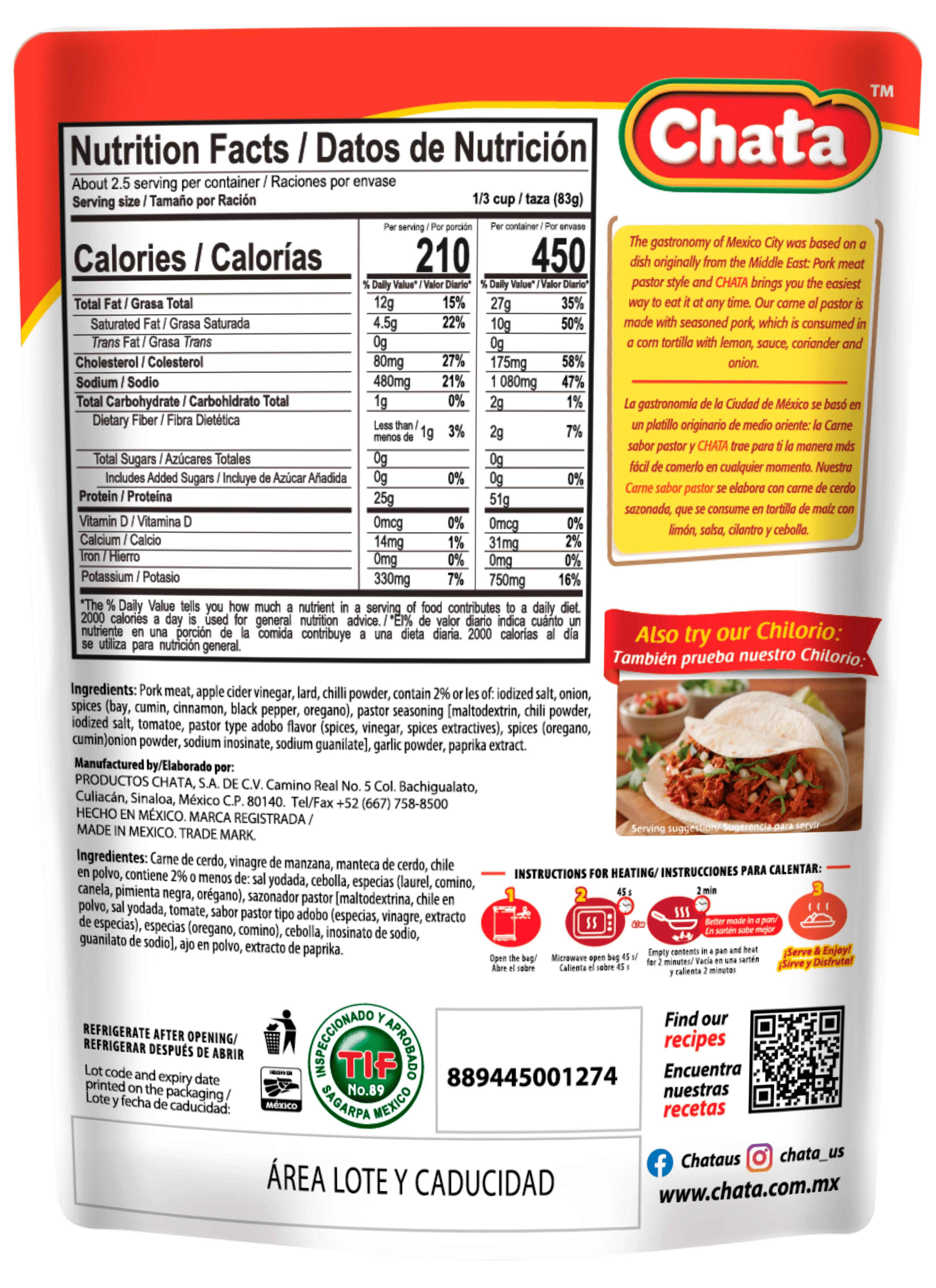 Chata Pork Meat Pastor Style Pouch, 8 oz, Pack of 12, 1/3 Cup Serving Size