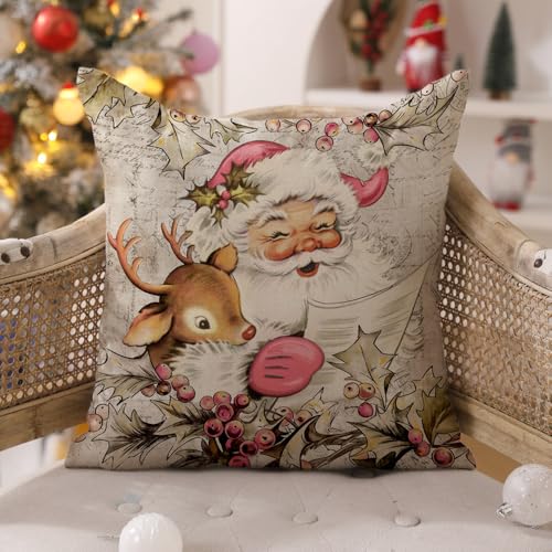 DFXSZ Christmas Pillow Covers 18x18 inch Set of 4 Santa Claus Reindeer Decorative Vintage Throw Pillow Covers Winter Retro Farmhouse Decoration for Home Couch BTHZ-140B18