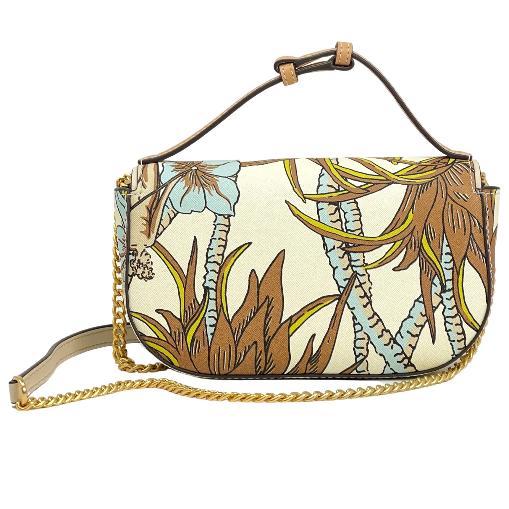 Tory Burch Emerson Saffiano Leather Printed Top Handle Crossbody Bag (Cream Brown Climbing Palms)