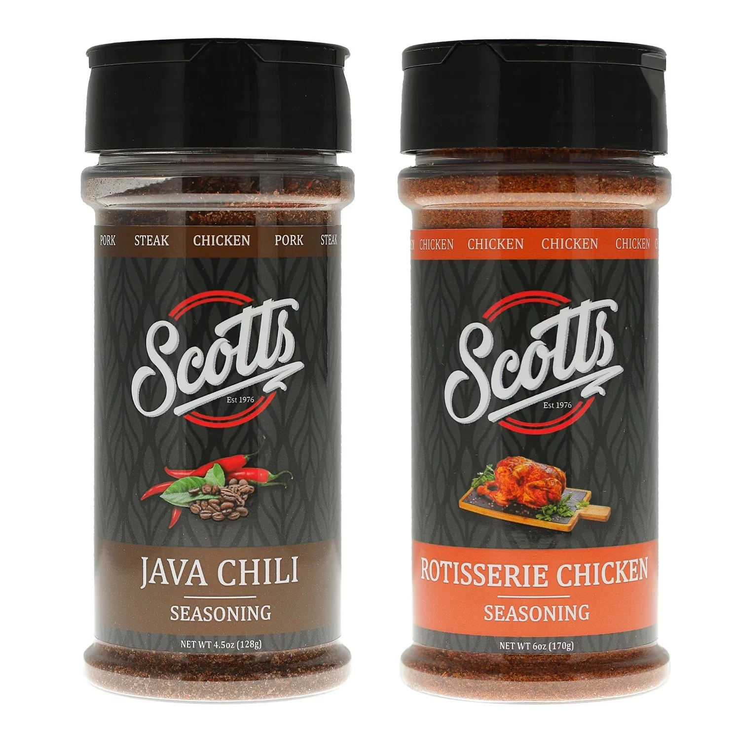 Scotts Seasonings and Marinades Unique Rotisserie Chicken & Coffee-Infused Java Chili Seasonings Twin Pack - Ideal for Chicken, Turkey, Duck, Vegetables, and Unique Chili Dishes
