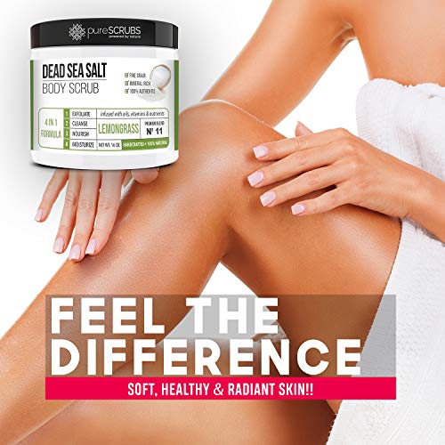 pureSCRUBS Premium Eucalyptus Body Scrub Set - Large 16oz Dead Sea Salt Body Scrub With Infused Essential Oils & Nutrients, Includes Wooden Spoon, Loofah & Oatmeal Exfoliating Bar Soap